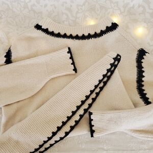 Zara Knit Cream Sweater with Black Scalloped Trim Detail
